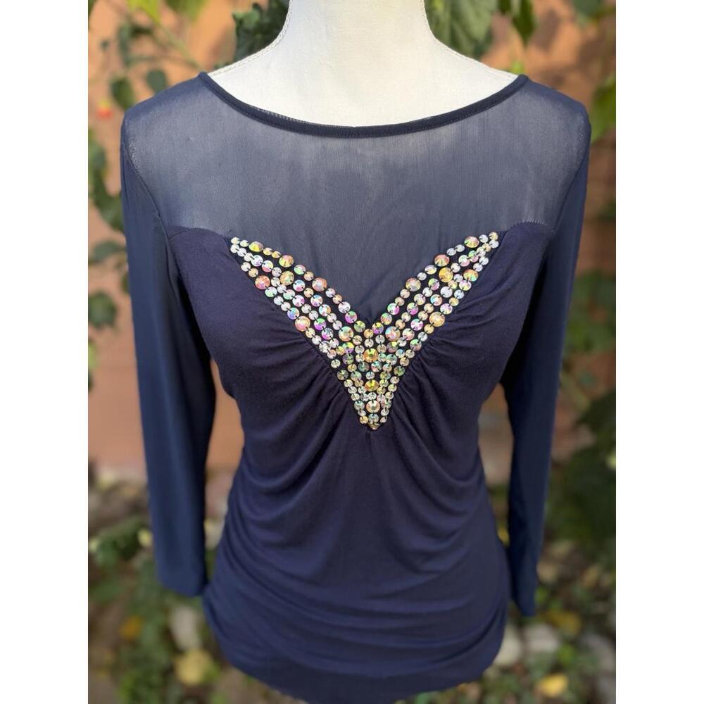 VENUS Vintage Sequins Mesh & Stretch Knit Long Sleeved Cocktail Party Top Size M